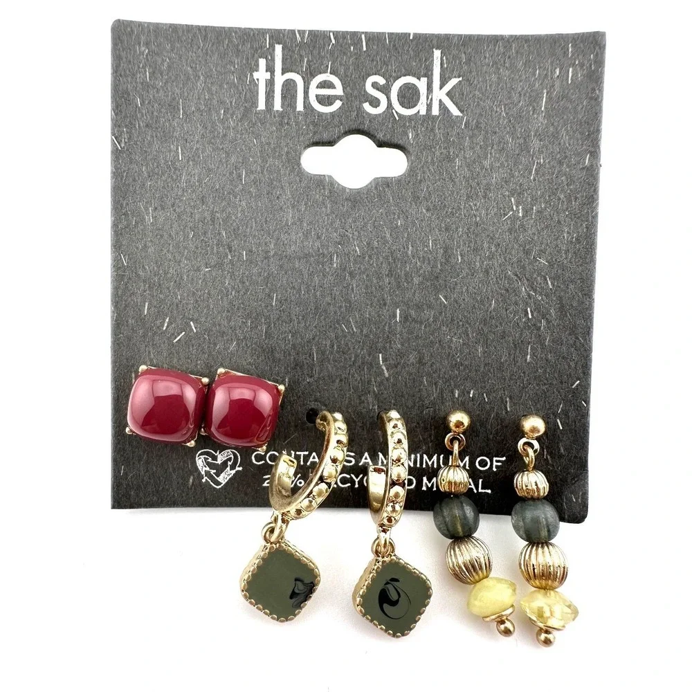 The Sak Earrings‎ 3 Pairs of Stud & Dangle Gold Tone Recycled Metals NWT